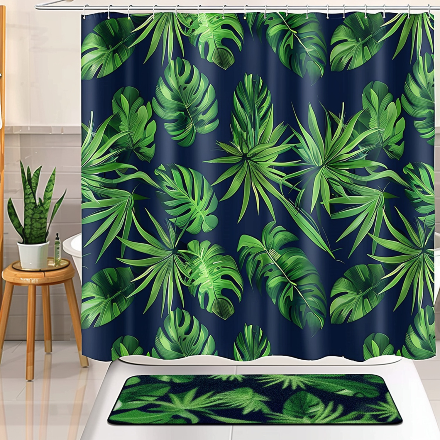 Exotic Jungle Leaf Bathroom Decor Set Navy Blue with Green Tropical