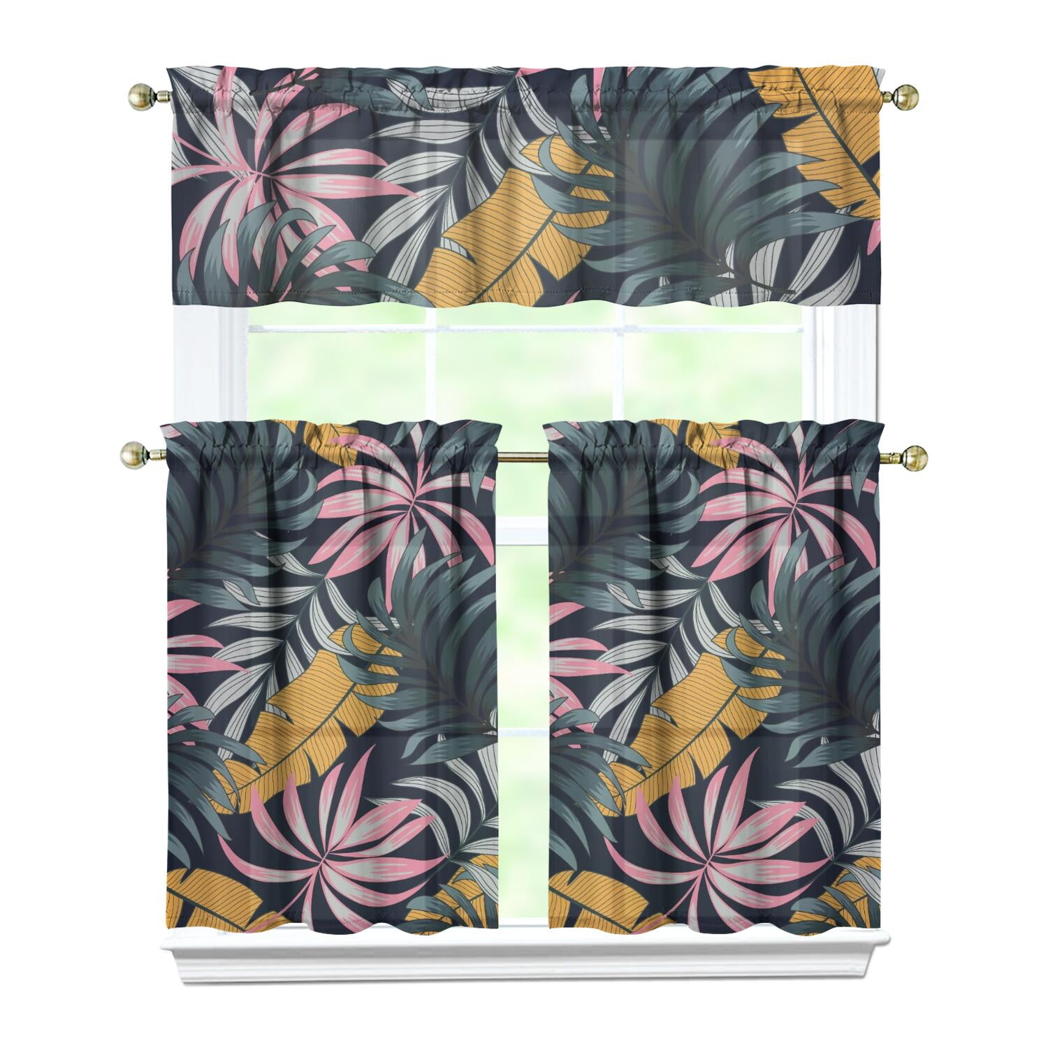 Tropical Palm Leaf Curtain Set - 3 Piece Kitchen/Bedroom Curtains With Valance - Light Filtering - View #6