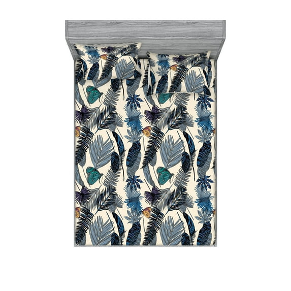 Exotic Jungle Life Fitted Sheet & Pillow Sham Set, Modern Boho Print of Tropical Forest Moths and Leaves, Decorative Printed 3 Piece Bedding Decor, King, Champagne and Dark Sky Blue, by Ambesonne