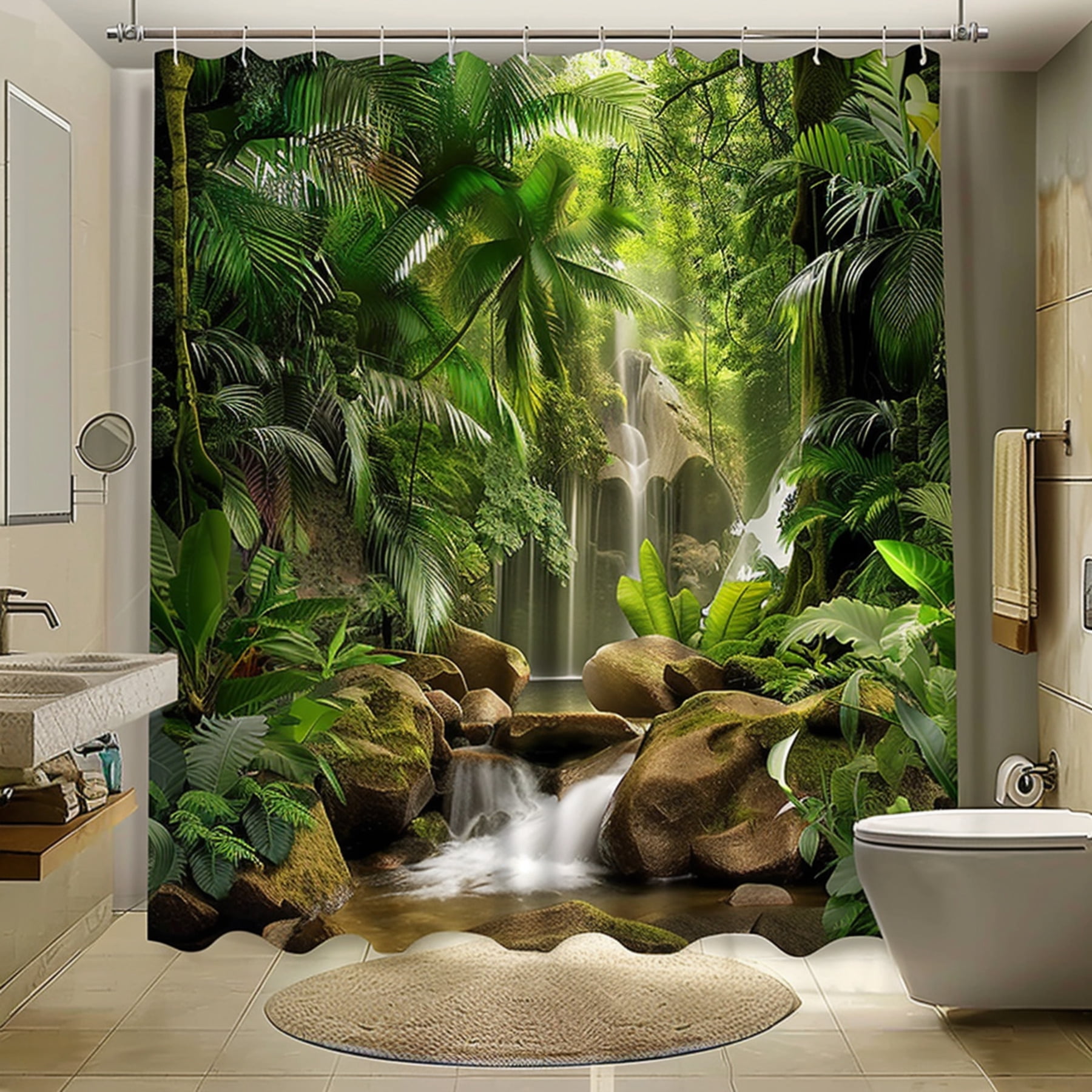 Exotic Jungle Oasis Shower Curtain Vibrant Greenery Stone Stream