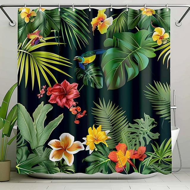 Exotic Jungle Paradise Shower Curtain Tropical Plants Birds and Flowers ...