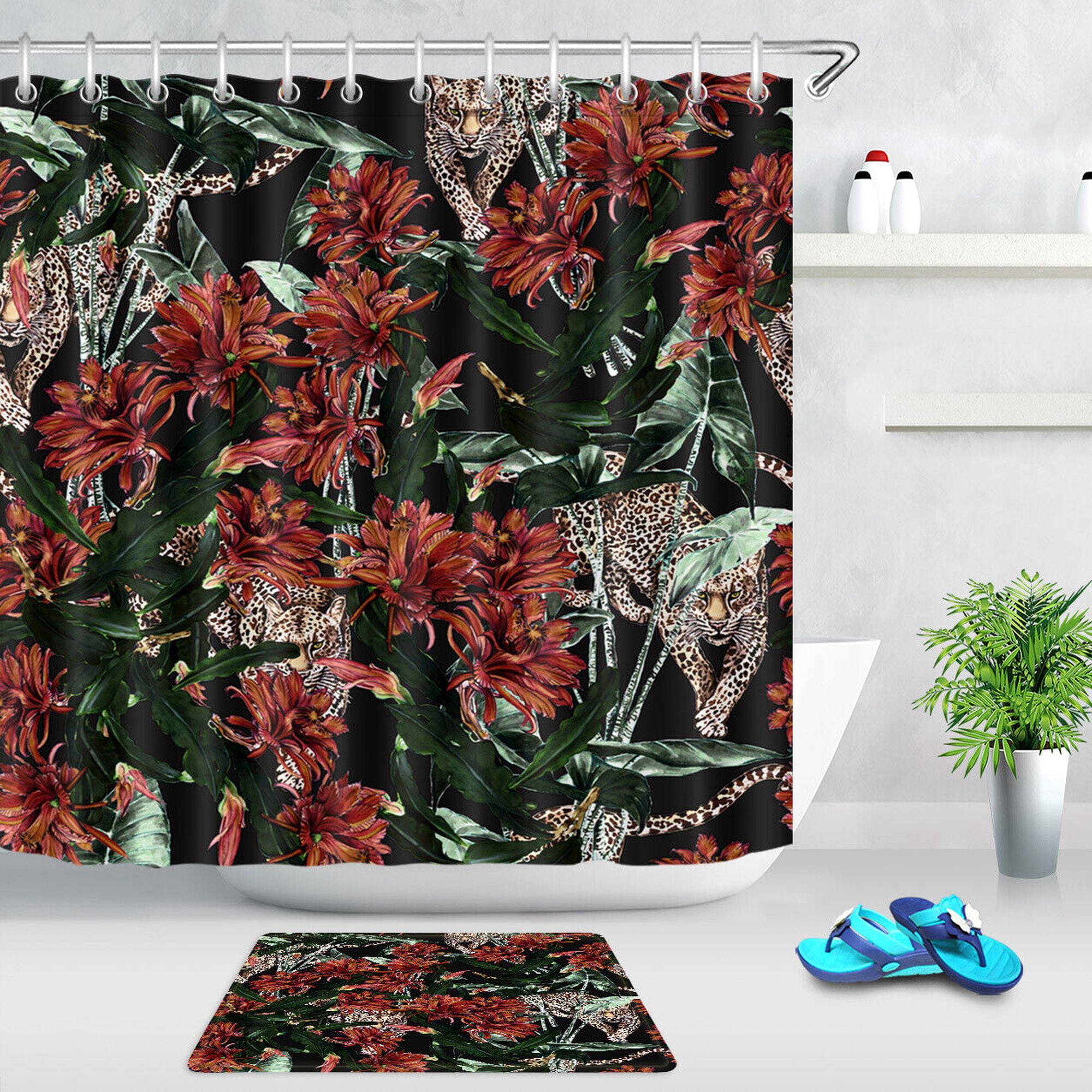 Exotic Jungle Shower Curtain Vibrant Leopard Print with Tropical