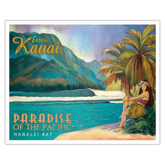 Exotic Kauai Hawaii - Paradise of the Pacific - Hanalei Bay - Vintage Hawaiian Travel Poster by Rick Sharp - Fine Art Matte Paper Print (Unframed) 16x20in