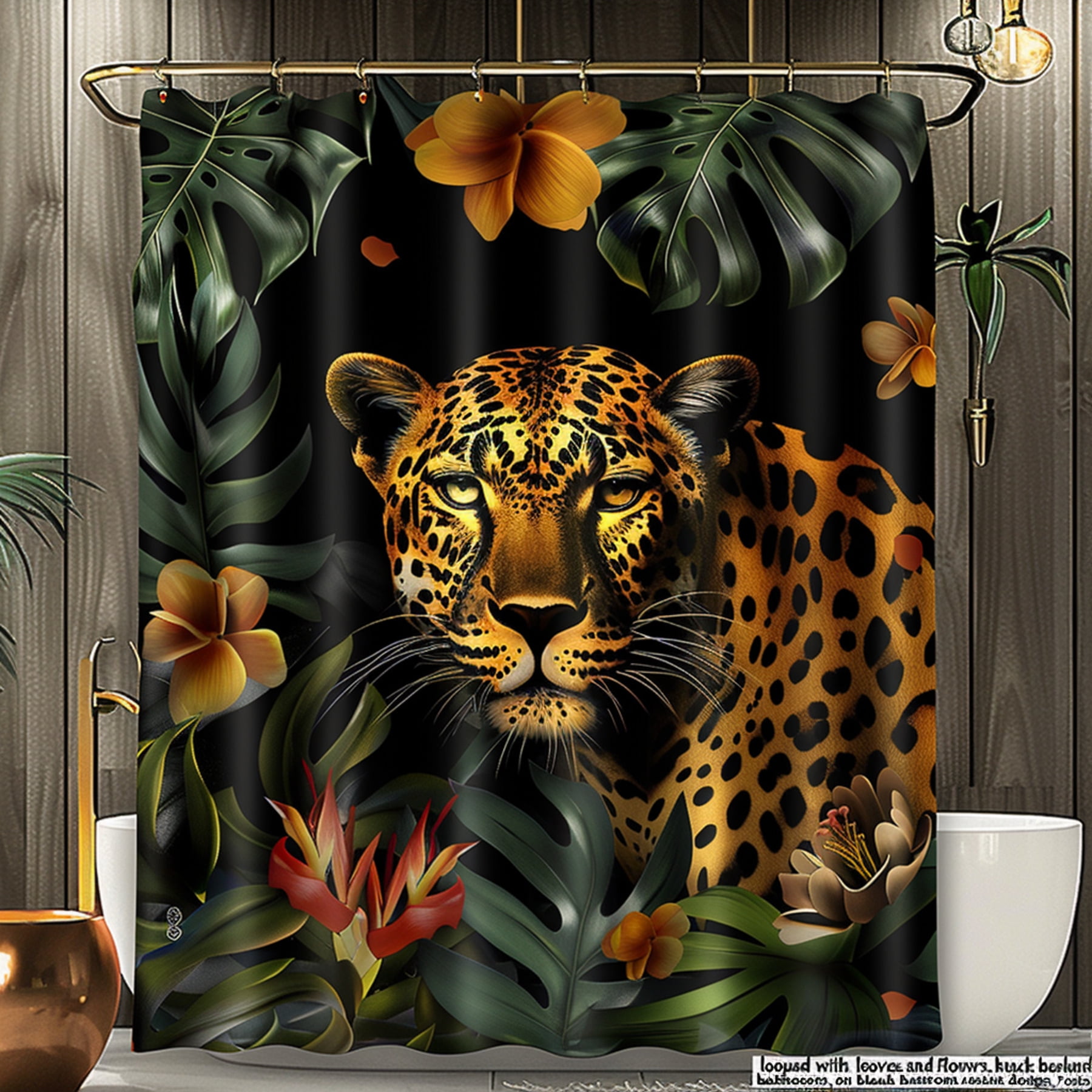 Exotic Leopard Print Shower Curtain with Tropical Foliage and Flowers ...