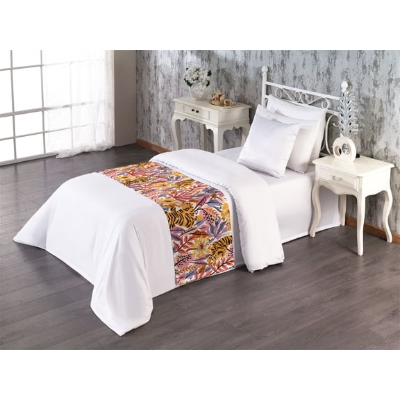 Exotic Life Bed Runner, Colorful Tropical Leaves and American Traditional Tiger Artwork, Decorative Accent Bedding Scarf for Hotels Homes & Guest Rooms, Twin, Coral Marigold Pale Pink, by Ambesonne