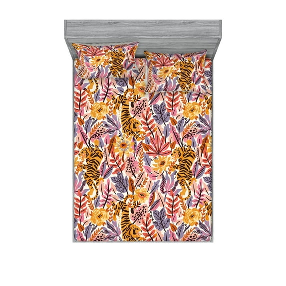 Exotic Life Fitted Sheet & Pillow Sham Set, Colorful Tropical Leaves and American Traditional Tiger Artwork, Decorative Printed 3 Piece Bedding Decor, Calking, Coral Marigold Pale Pink, by Ambesonne