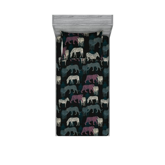 Exotic Life Fitted Sheet & Pillow Sham Set, Wild Nature Themed Zebra and Tiger Illustration Jungle Boho Vibes, Decorative Printed 2 Piece Bedding Decor, Twin, Charcoal Grey Pale Ruby, by Ambesonne