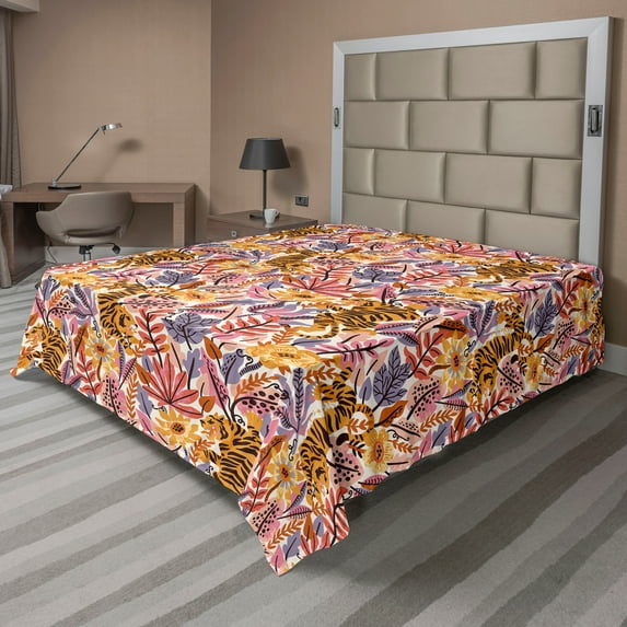 Exotic Life Flat Sheet, Colorful Tropical Leaves and American Traditional Tiger Artwork, Soft Comfortable Top Sheet Decorative Bedding 1 Piece, King Size, Coral Marigold Pale Pink, by Ambesonne