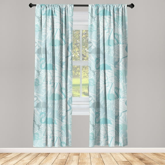 Exotic Life Window Curtains, Tropical Boho Vibes Flamingo Silhouette and Monstera Leaf Print, Lightweight Decor 2-Panel Set with Rod Pocket, Pair of - 28"x95", Dark Cadet Blue Off White, by Ambesonne