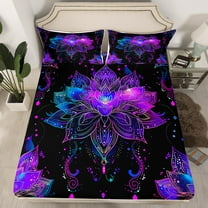 Exotic Lotus Fitted Sheet Bohemian Psychedelic Flowers Twin Bed Sheets,Trippy Sheets Mandala Floral Bedding Set,Purple Blue Boho Decor（No Top Sheet）