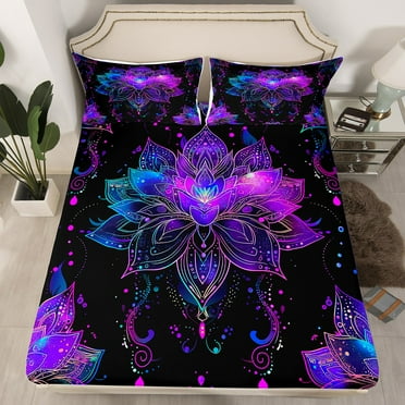 Exotic Lotus Fitted Sheet Bohemian Psychedelic Flowers Twin Bed Sheets,Trippy Sheets Mandala Floral Bedding Set,Purple Blue Boho Decor（No Top Sheet）