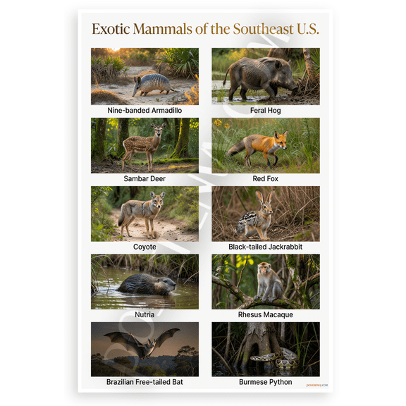 Exotic Mammals of the Southeast US Educational 12x18 US Made Poster