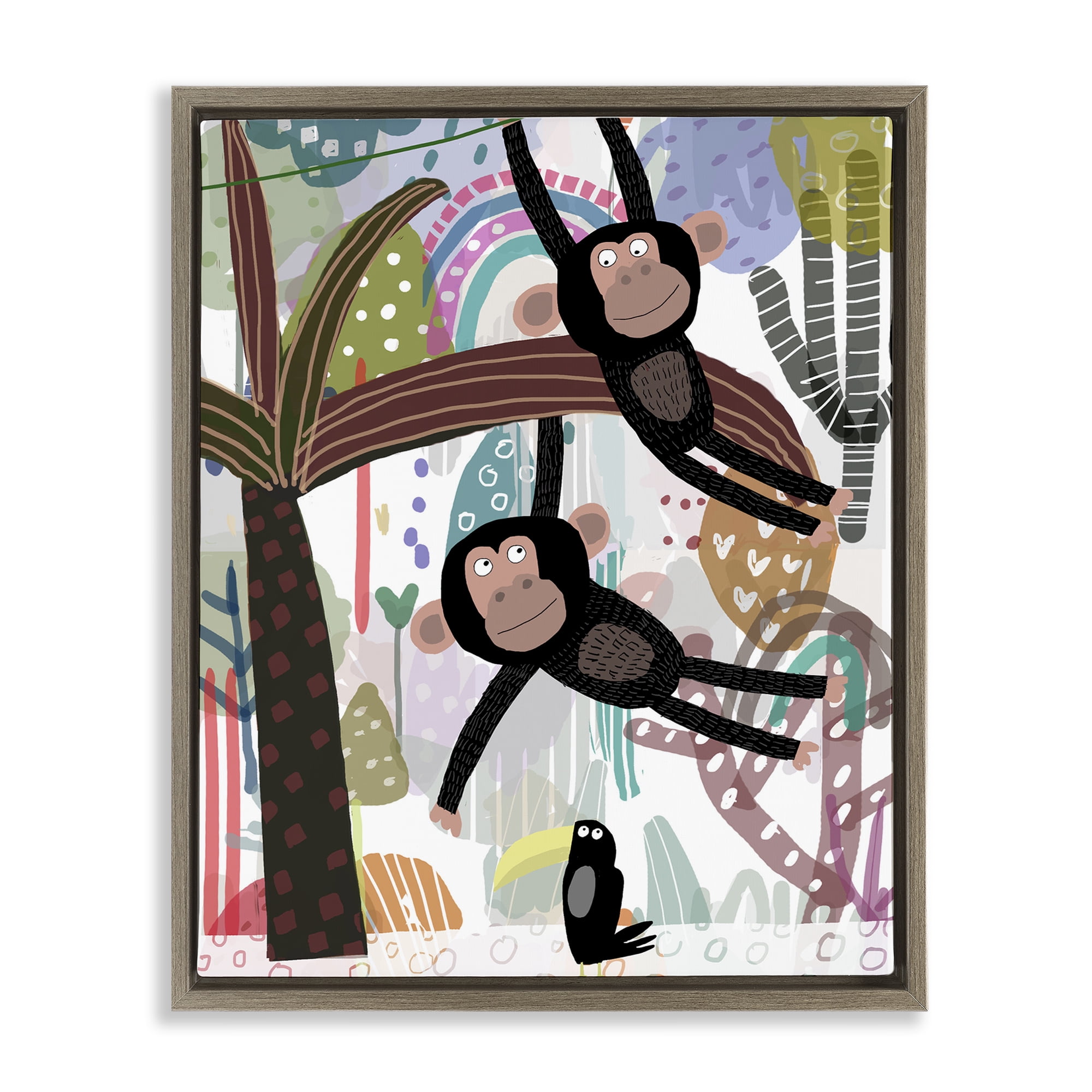 Exotic Monkey & Toucan Brown Framed Floater Canvas Wall Art, design by Carla Daly