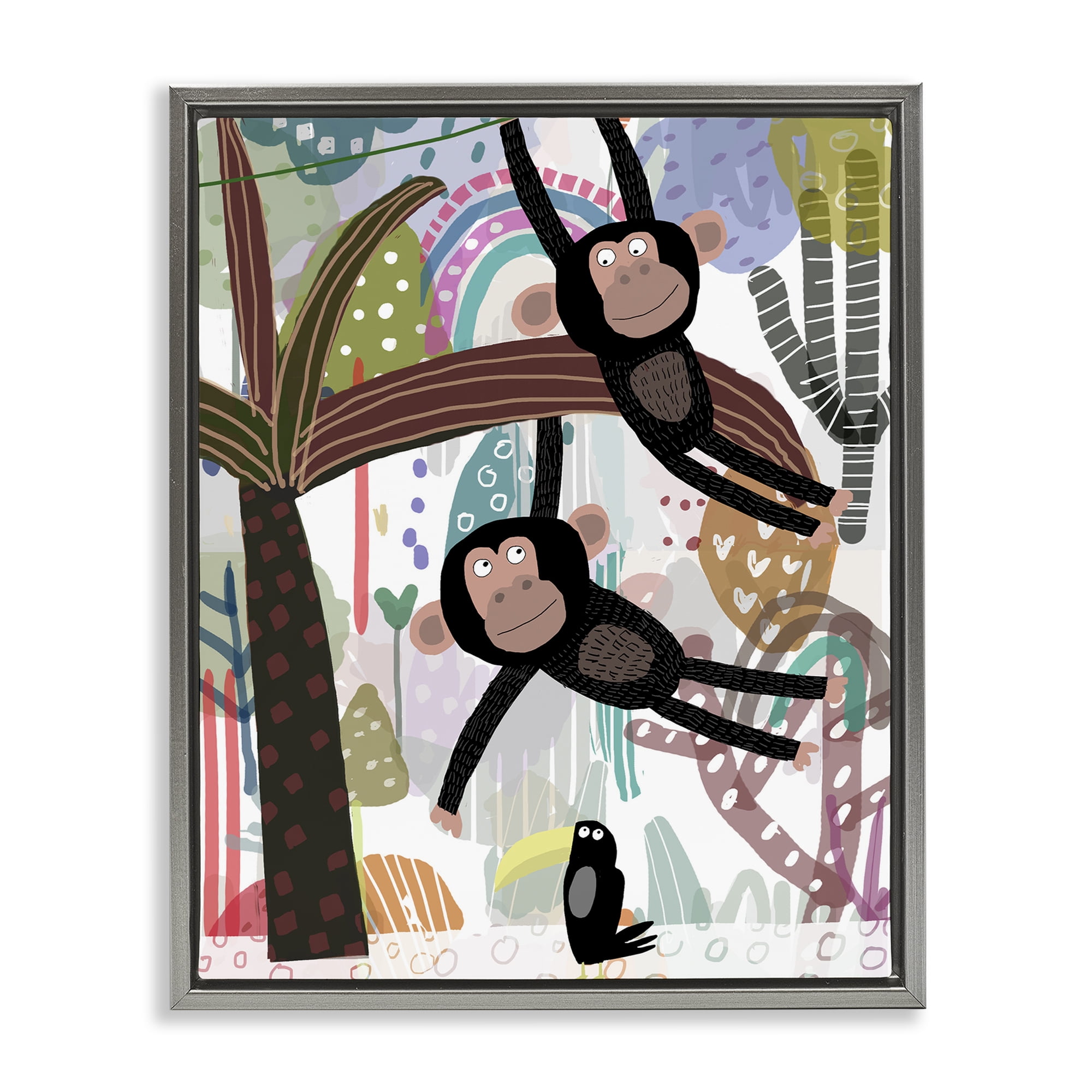Exotic Monkey & Toucan Gray Framed Floater Canvas Wall Art, design by Carla Daly