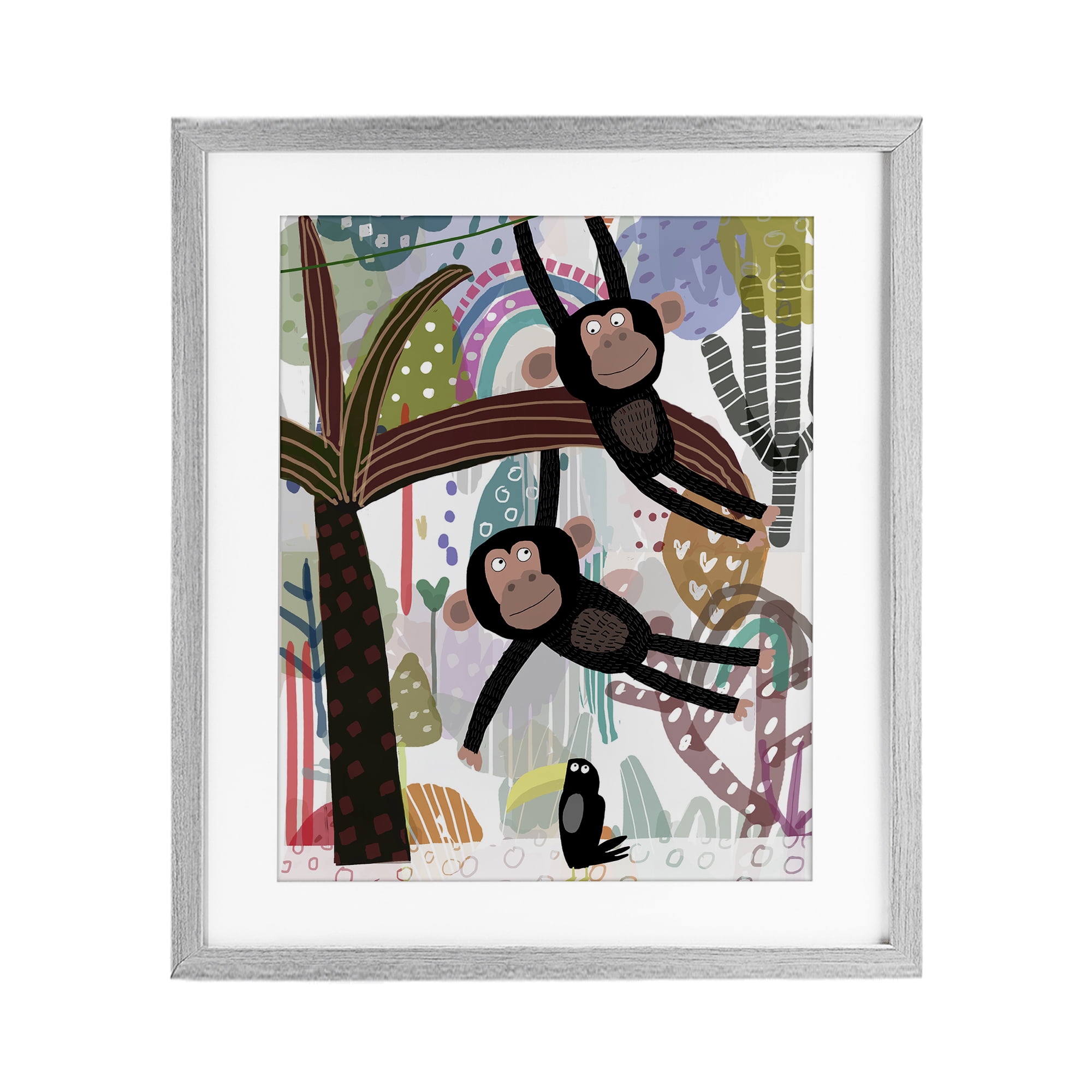 Exotic Monkey & Toucan Gray Framed Print Under Glass, design by Carla Daly