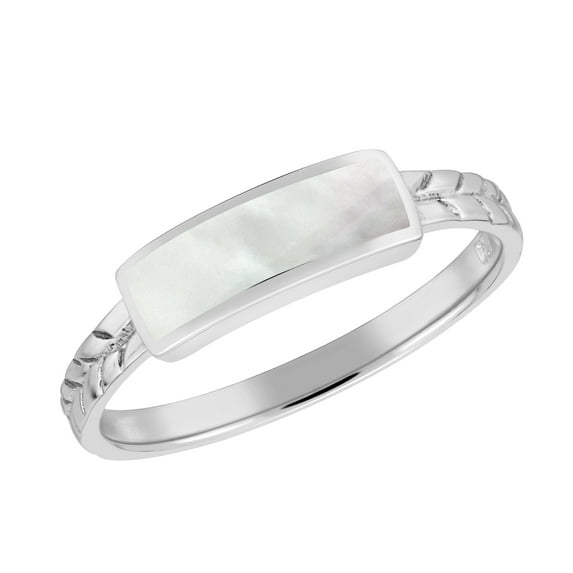 Exotic Nature Rectangular Bar White MOP Shell Sterling Silver Leaf Band Ring-8
