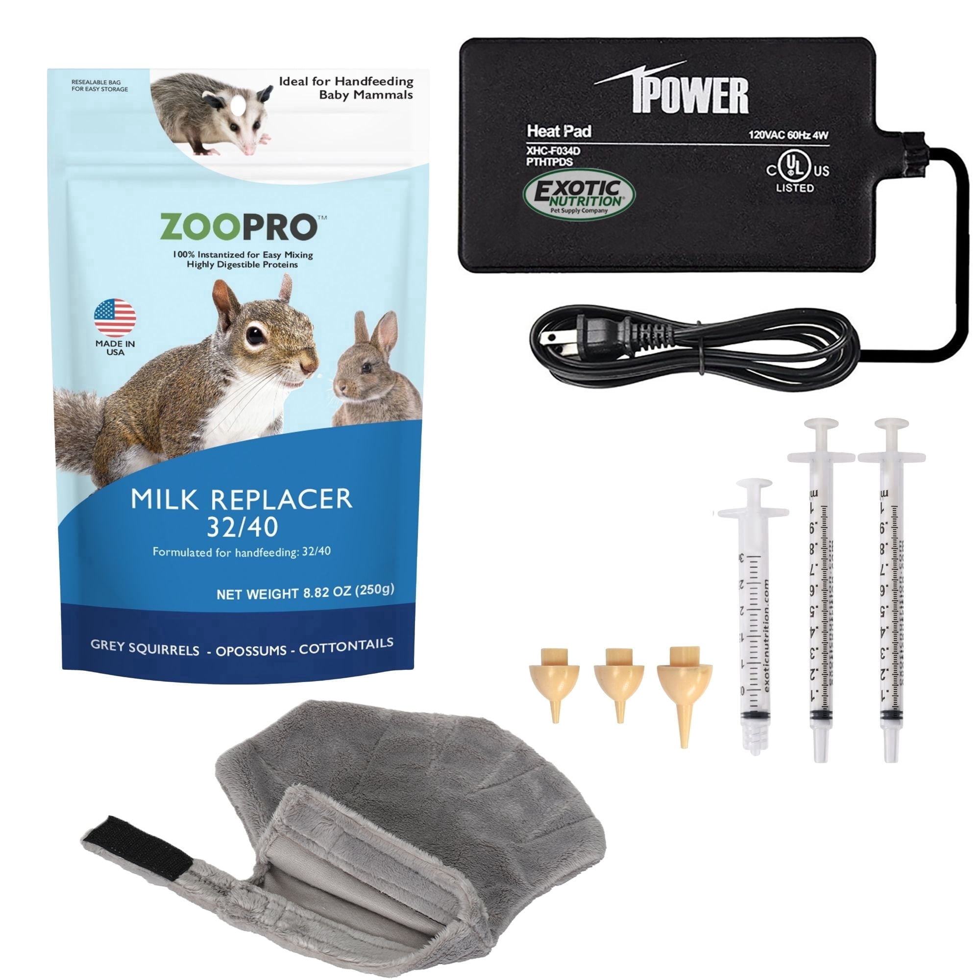 Exotic Nutrition Baby Squirrel Nursing Set (Expanded) - Milk Replacer, Feeding Syringes