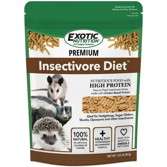 Exotic Nutrition Premium Insectivore Diet (2.5 lb) - Healthy Nutritious Chicken Based High Protein Pellet Diet - for Sugar Gliders, Hedgehogs, Opossums, Skunks & Othe