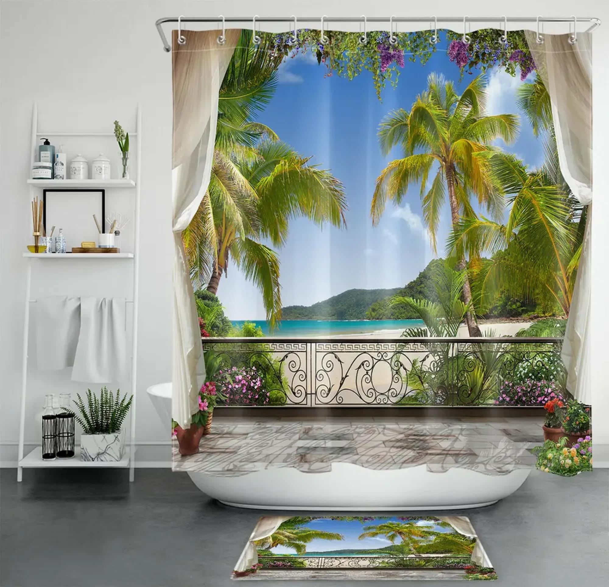 Exotic Oasis Tropical Palm Trees and Vine Leaf Shower Curtain Set for a Tranquil Bathroom