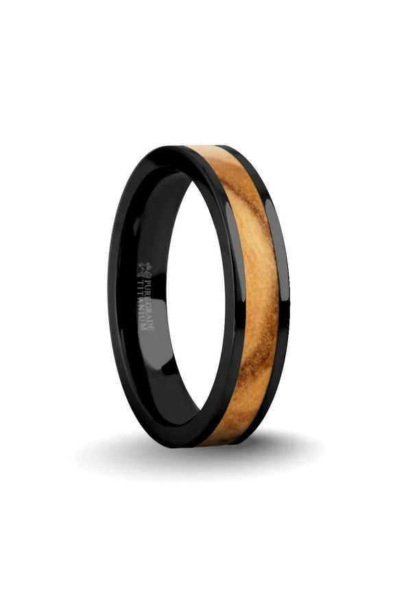 Exotic Olive Wood Twin Inlay Black Titanium Wedding Ring for Men, 4mm, Size 9