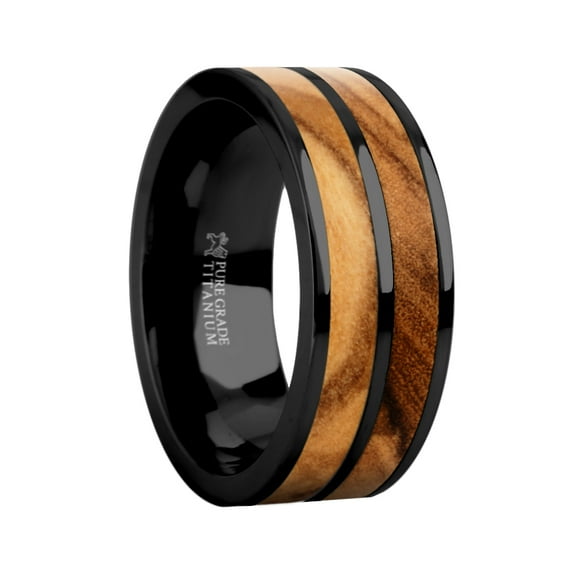 Exotic Olive Wood Twin Inlay Black Titanium Wedding Ring for Men, 8mm, Size 10.5