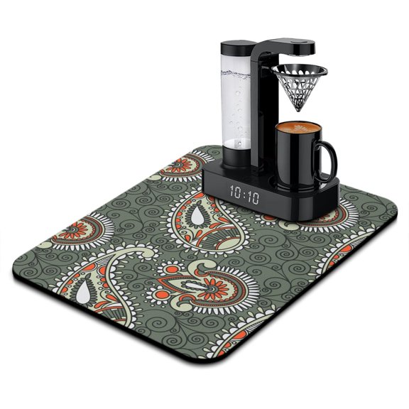 Exotic Paisley Artwork Dish Drying Mat, Chic Boho Absorbent Coffee Bar Mat, Retro Ethnic Kitchen Counter Protector