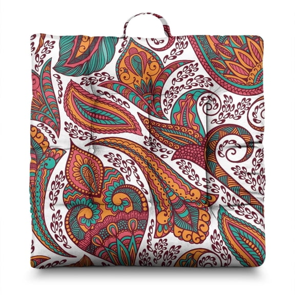 Exotic Paisley Artwork Floor Seat - Thick Square Yoga Cushion with Ethnic Bohemian Design, Perfect for Long Meditation Sessions