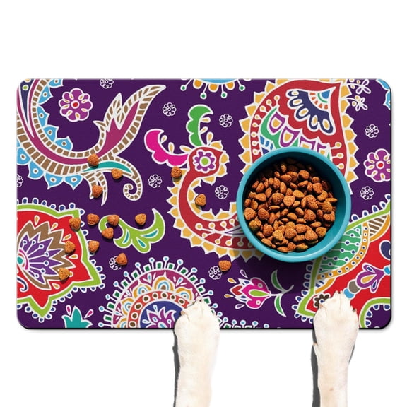 Exotic Paisley Artwork Pet Bowl Mat - Absorbent Non-Slip Dog Food Mat - Vintage Floral Design - Multi-Layer Protection - 12x19 Inches