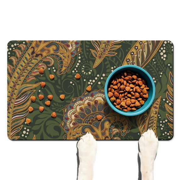 Exotic Paisley Artwork Pet Bowl Mat - Absorbent Non-Slip Dog Food Mat - Vintage Floral Design - Multi-Layer Protection - 12x19 Inches