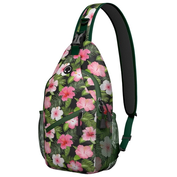 Exotic Palm Leaf Sling Backpack, Hawaiian Print Crossbody Bag with Tropical Floral, Jungle Leaves, Botanical Summer Beach Vacation Pattern