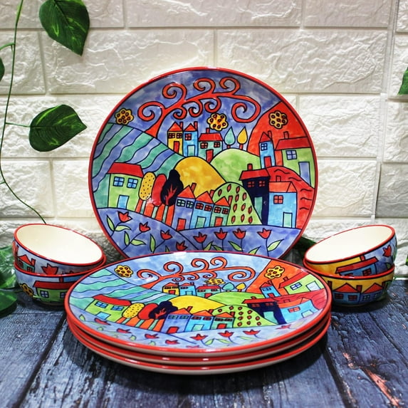 Exotic Panorama Hand Painted Ceramic Dinner Set - 8 Pieces | 4 Dinner Plates + 4 Katori Bowls, 180ml Each Dinnerware Set | Serving For 4, Microwave Safe & Dishwasher Safe