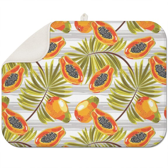 Exotic Papaya Pattern Dish Drying Mat - Super Absorbent Microfiber Kitchen Counter Protector, Classic Kawaii Fruit Illustration Design, Multipurpose Heat Resistant & Machine Washable Sink Pad