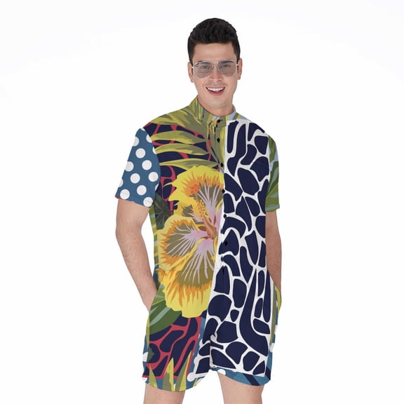 Exotic Patchwork Pattern Short Sleeve Men'S Rompers Casual Summer Jumpsuits Outfit