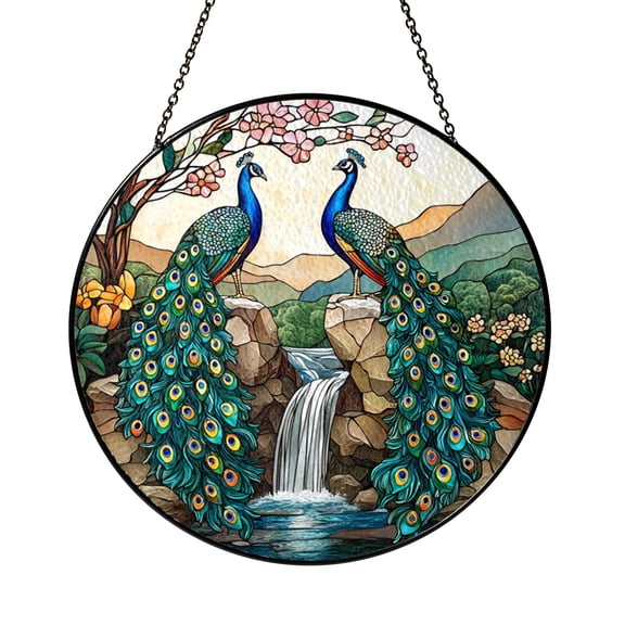 Exotic Peacock Stained Glass Style Suncatcher – Round Nature Window Hanging