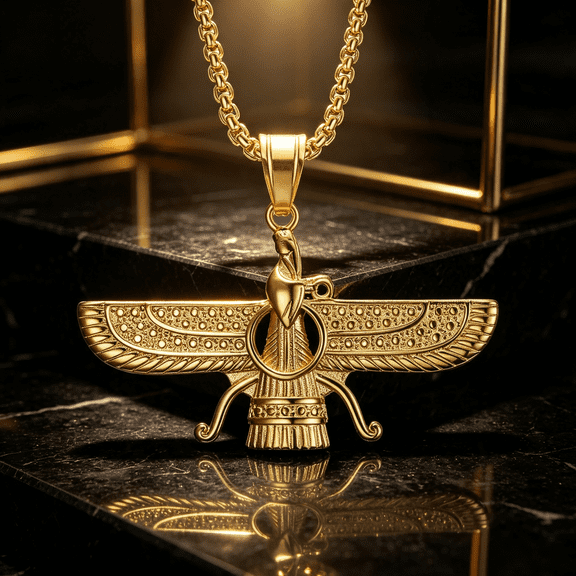 Faravahar Winged Symbol Motif Charm Pendant Box Chain Necklace For Men Women, 14K Gold Filled Clean Silhouette Sophisticated Timeless Craft Jewelry