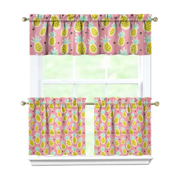 Exotic Pineapple Kitchen Curtains Set - 3 PCS Tropical Tier Curtains & Valance, Sunshine Yellow Fruit Print, Semi-Sheer Farmhouse Window Panels