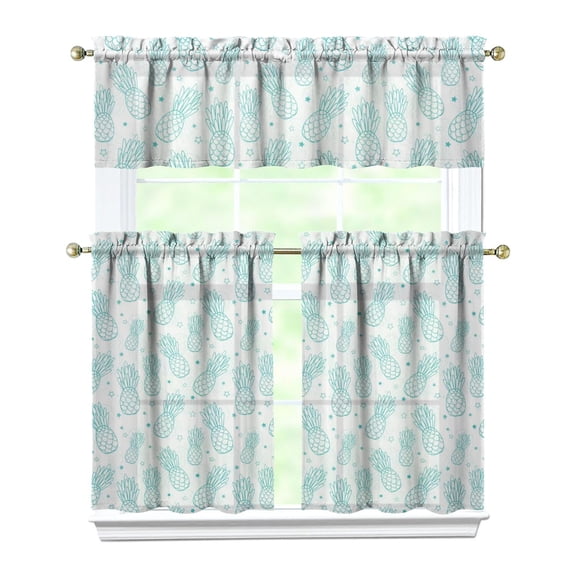 Exotic Pineapple Kitchen Curtains Set - 3 Piece Hawaiian Tropical Print Tier Panels with Valance for Small Windows