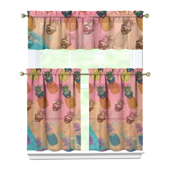 Exotic Pineapple Print Kitchen Curtains - 3 PC Farmhouse Set with Semi-Sheer Valance & Tiers, Easy Care Machine Washable