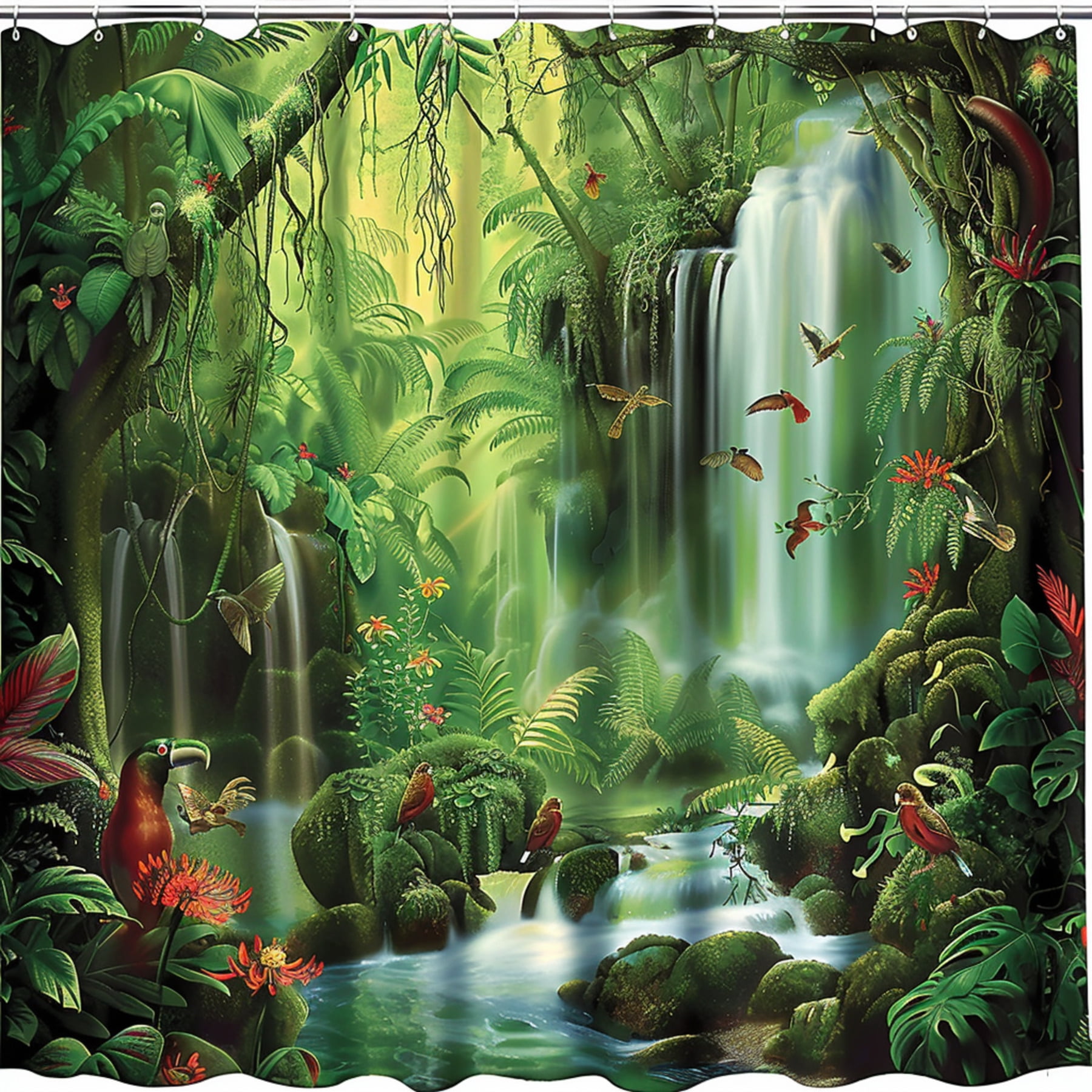 Exotic Rainforest Jungle Shower Curtain Vibrant Greenery Cascading