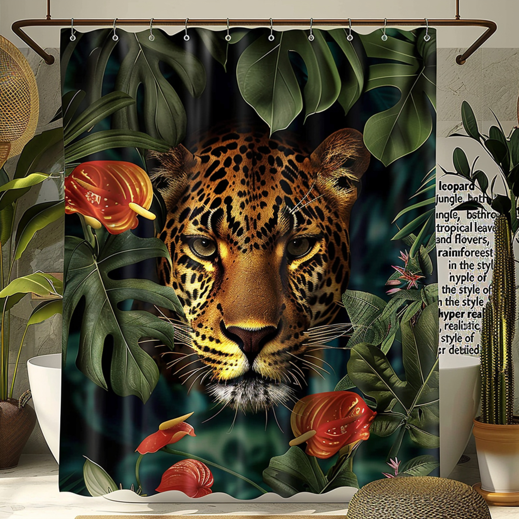 Exotic Rainforest Leopard Shower Curtain with Hyper Realistic Jungle