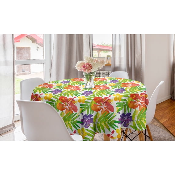Exotic Round Tablecloth, Pattern of Hibiscus Blossom Branches Hawaiian Summer Watercolor Jungle Luau Foliage, Circle Table Cloth Cover for Dining Room Kitchen Decor, 60", Multicolor, by Ambesonne