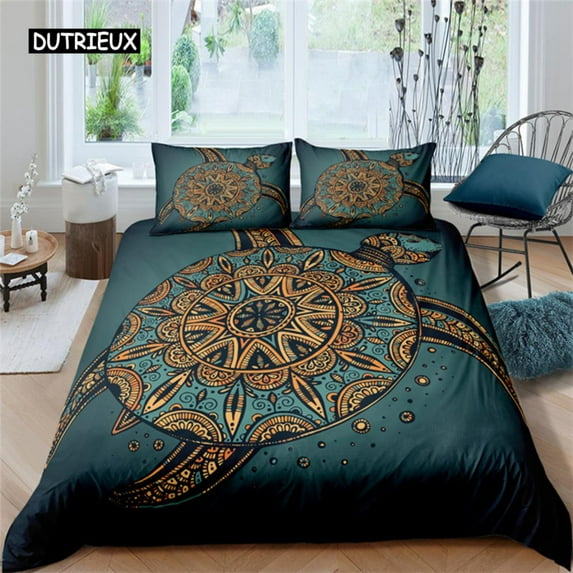 Exotic Sea Turtle Duvet Cover Microfiber Marine Life Geometric Comforter Cover 3D Ocean Theme Beddin