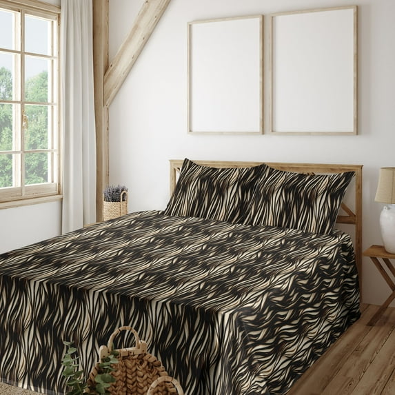 Ambesonne Exotic Fitted & Flat Sheet with Shams 4 Pcs Set, Animal Print Like Stripes, Calking, Dark Brown and Eggshell