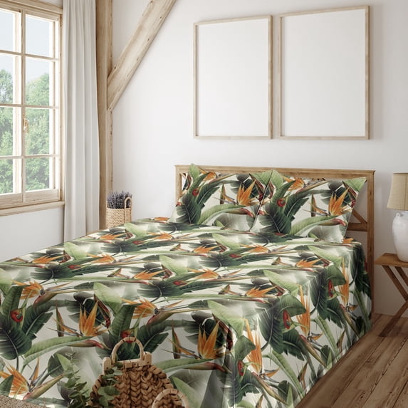 Ambesonne Exotic Fitted & Flat Sheet with Sham 3 Pcs Set, Bird Flowers Tropical Design, Twin XL, Marigold Green Eggshell