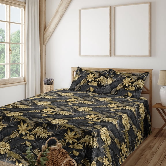 Ambesonne Exotic Fitted & Flat Sheet with Shams 4 Pcs Set, Botanical Tropical Flowers, Full, Dark Grey Fawn and Mustard