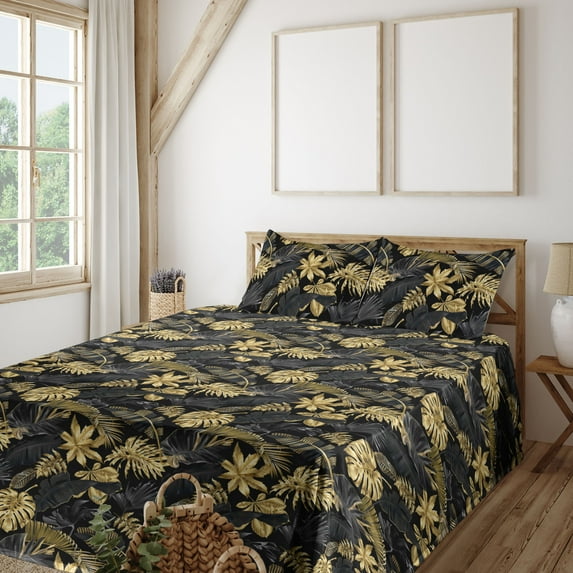 Ambesonne Exotic Fitted & Flat Sheet with Shams 4 Pcs Set, Botanical Tropical Flowers, King, Dark Grey Fawn and Mustard