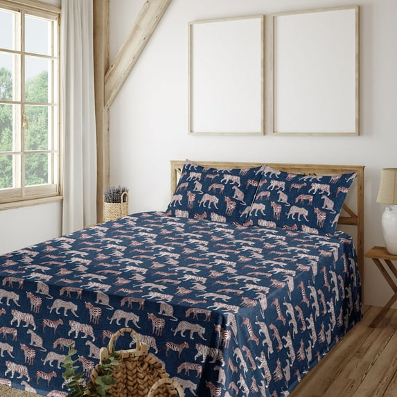 Ambesonne Exotic Fitted & Flat Sheet with Shams 4 Pcs Set, Cheetah Tiger Zebra Wild Art, Calking, Night Blue and Ruby