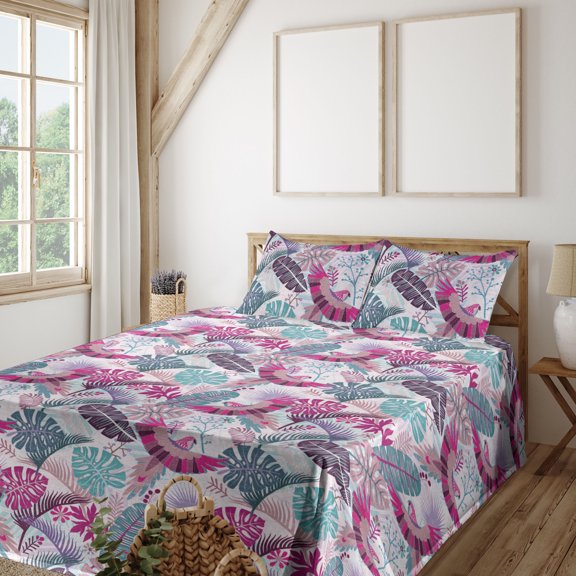 Ambesonne Exotic Fitted & Flat Sheet with Sham 3 Pcs Set, Monstera Leaves Ethnic Bird, Twin, Magenta Cadet Blue Plum