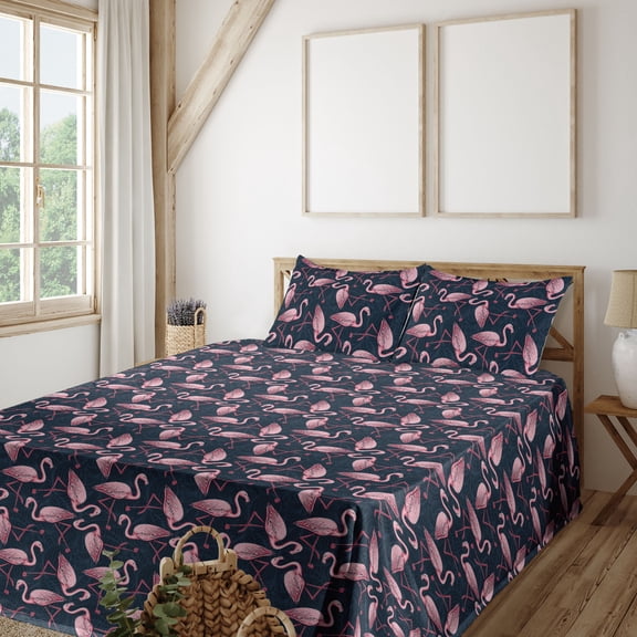 Ambesonne Exotic Fitted & Flat Sheet with Shams 4 Pcs Set, Flamingo Tropical Atmophere, Full, Pale Pink Dark Sky Blue
