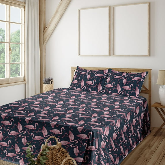 Ambesonne Exotic Fitted & Flat Sheet with Shams 4 Pcs Set, Flamingo Tropical Atmophere, King, Pale Pink Dark Sky Blue